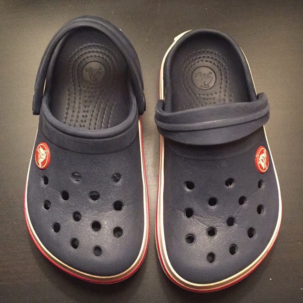 Crocs- navy with red and white stripe